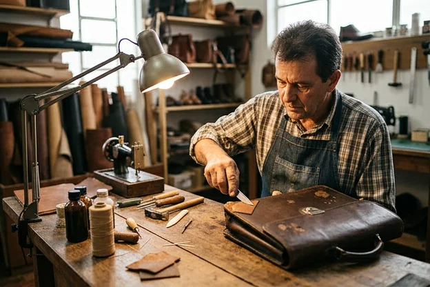 Sapateiro reformando uma bolsa de couro para aparência nova.
